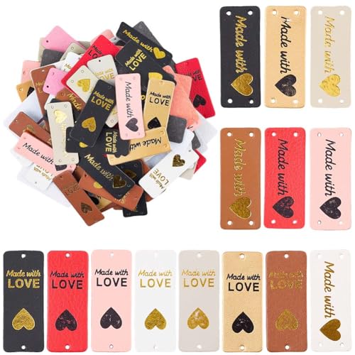 CALFOVERA 112 Stück 2 x 0.8 Zoll PU Lederetiketten 14 Farben Mit Liebe Herz Geprägte Mikrofaseretiketten Handgemachte Herz Label Zum Aufnähen Für DIY Jeans Taschen Schuhe Handwerk Nähen Stricken von CALFOVERA