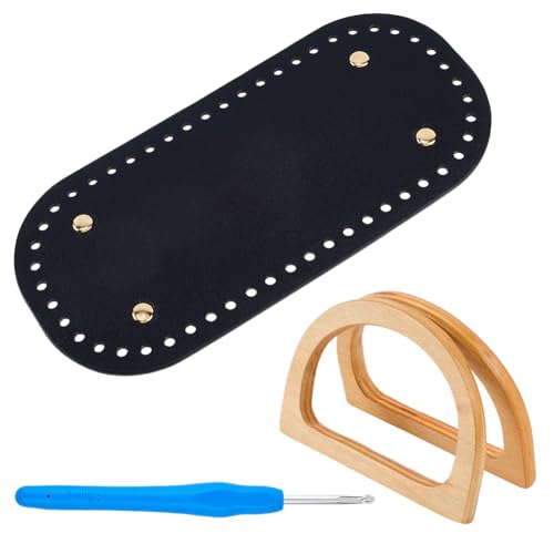 CALFOVERA 2 Stück Ovaler Taschenboden Aus Schwarzem PU Leder Häkelset Zur Taschenherstellung Nagelunterlage Mit Aluminium Häkelnadel Beigefarbener Ersatzgriff Aus Holz In D Form Für Die DIY von CALFOVERA