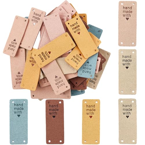 CALFOVERA 60 Stück Handgefertigte PU Lederetiketten Mit Liebe 6 Farben Rechteckige Mikrofaserlederetiketten Geprägte Häkelnadeln Strickzubehör Für DIY Valentinstagsgeschenke Basteln Nähen Stricken von CALFOVERA
