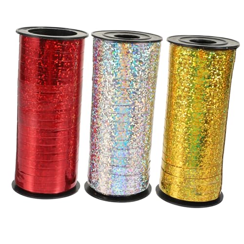 CALLARON 3 Rollen Glänzendes Ballonband Dekoratives Geschenkband mit Metallic Yards pro Rolle Silber Rot für Party und Geschenkverpackungen von CALLARON