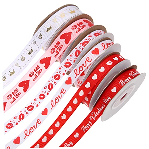 CALLARON 6 Rollen Verpackung Band Schleife Einladen Band Zum Verpacken Valentinstag Geschenkband Bastelbänder Zum Einwickeln Rosa Herzen Aus Satinband Pastell Weiß Farbig Polyester von CALLARON