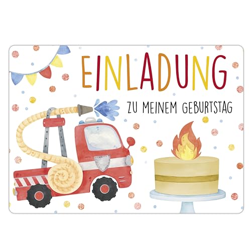 CALLUNA® 12 Einladungskarten zum Kindergeburtstag – Bunte Einladung zur Geburtstagsfeier – Geburtstagseinladungen – Partyeinladungen – Feuerwehr (ohne Versandhüllen) von CALLUNA PRODUKTE MIT HERZ