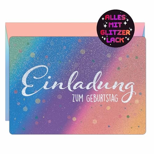 CALLUNA® – 12 Einladungskarten zum Kindergeburtstag mit Glitzerlack und bunten Versandhüllen – Bunte Einladung zur Geburtstagsfeier – Geburtstagseinladungen – Partyeinladungen – Glitzerkarte von CALLUNA PRODUKTE MIT HERZ