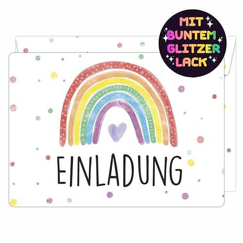 CALLUNA® 12 Regenbogen Einladungskarten mit Glitzerlack zum Kindergeburtstag – Bunte Einladung zur Geburtstagsfeier – Geburtstagseinladungen – Partyeinladungen (mit Versandhüllen) von CALLUNA PRODUKTE MIT HERZ