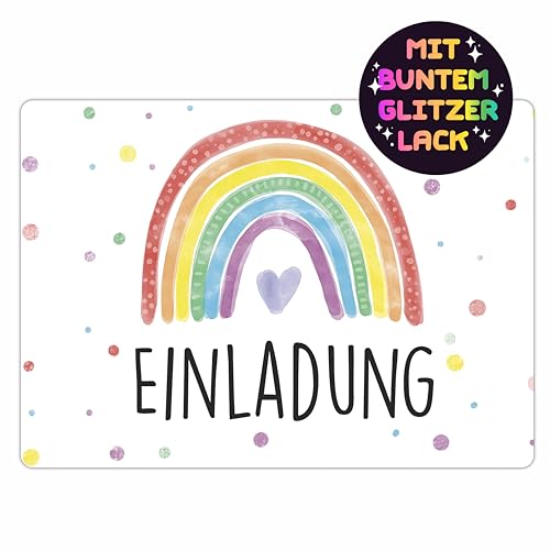 CALLUNA® 12 Regenbogen Einladungskarten mit Glitzerlack zum Kindergeburtstag – Bunte Einladung zur Geburtstagsfeier – Geburtstagseinladungen – Partyeinladungen (ohne Versandhüllen) von CALLUNA PRODUKTE MIT HERZ