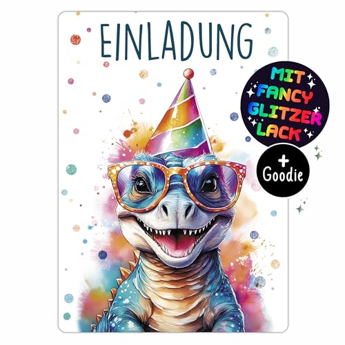 CALLUNA® Dinosaurier GLITZER Einladungskarten Kindergeburtstag Mädchen - 12 Stück - Witzige Alpaka Geburtstag Einladungen mit echtem Glitzerlack - Einladungskarten Teenager Jungen von CALLUNA PRODUKTE MIT HERZ