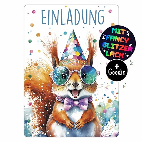 CALLUNA® Eichhörnchen GLITZER Einladungen Kindergeburtstag Mädchen und Junge – 12 Stück – Witzige Hörnchen Geburtstag Einladungen mit buntem Glitzerlack – Einladungskarten Kids & Teenies (o. Hülle) von CALLUNA PRODUKTE MIT HERZ