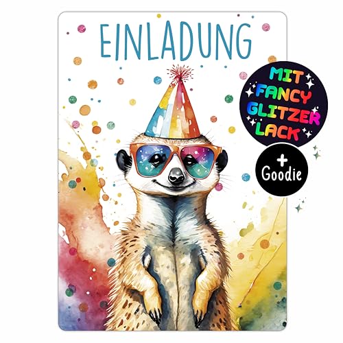 CALLUNA® Erdmännchen GLITZER Einladungskarten Kindergeburtstag Mädchen & Junge – 12 Stück – Witzige Erdmännchen Geburtstag Einladungen mit buntem Glitzerlack – Einladung für Kids & Teenies (o. Hüllen) von CALLUNA PRODUKTE MIT HERZ