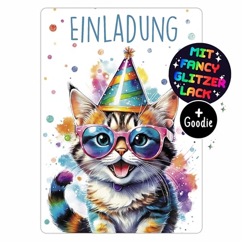 CALLUNA® Katze GLITZER Einladungskarten Kindergeburtstag Mädchen - 12 Stück - Witzige Alpaka Geburtstag Einladungen mit echtem Glitzerlack - Einladungskarten Teenager Mädchen von CALLUNA PRODUKTE MIT HERZ