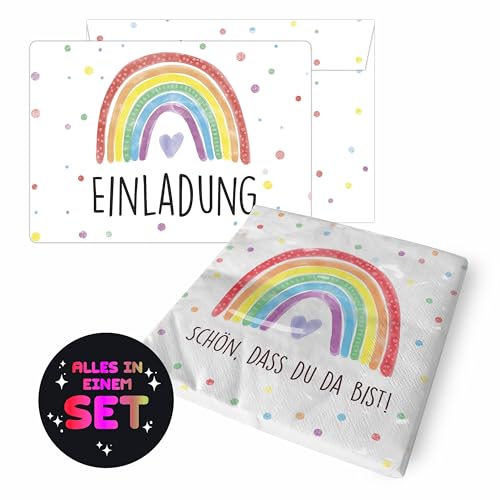 CALLUNA® Regenbogen Geburtstags-Set mit 12 Einladungskarten inkl. Umschlag & 20 Servietten –Set für die Regenbogen Party – für alle Altersgruppen– Party – Rainbow – Unisex (mit Umschlägen) von CALLUNA PRODUKTE MIT HERZ