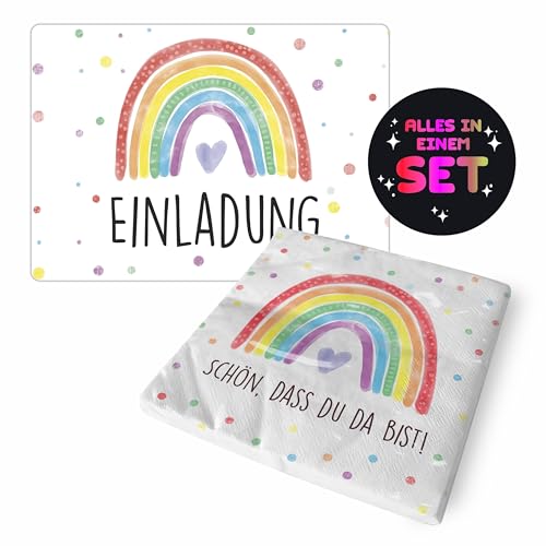 CALLUNA® Regenbogen Geburtstags-Set mit 12 Einladungskarten & 20 Servietten –Set für die Regenbogen Party – für alle Altersgruppen– Party – Rainbow – Unisex (ohne Umschläge) von CALLUNA PRODUKTE MIT HERZ