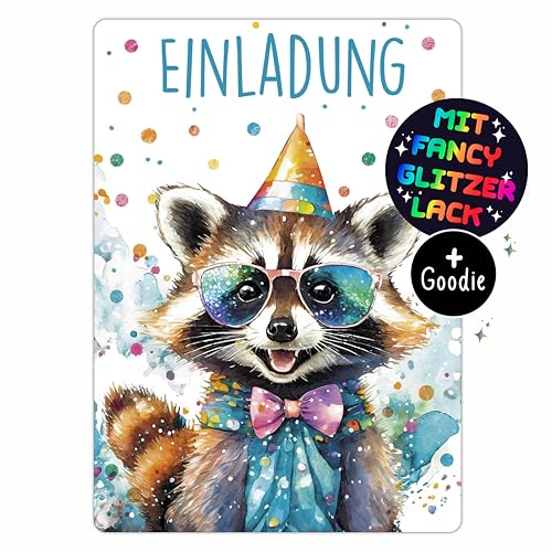 CALLUNA® Waschbär GLITZER Einladungskarten Kindergeburtstag Mädchen & Junge – 12 Stück – Witzige Waschbär Geburtstag Einladungen mit buntem Glitzerlack – Einladung für Kinder & Teenager (ohne Hüllen) von CALLUNA PRODUKTE MIT HERZ