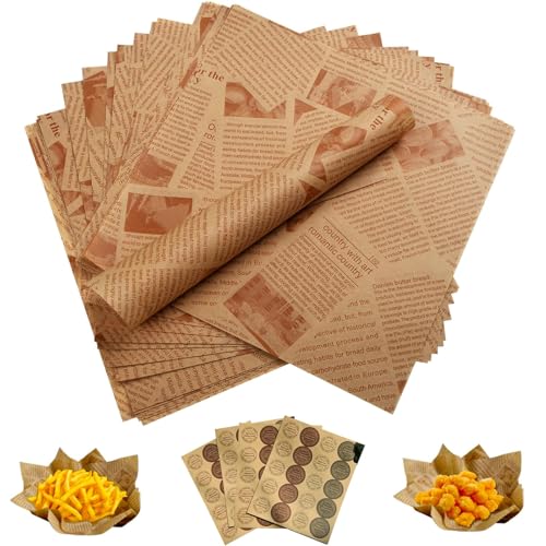 100 Blätter Deli Papierblätter, Fast-Food-Geschenkpapier Backpapier Zeitungsoptik 20x25cm, Fettdichtes Papier mit 100 Siegelaufkleber, Sandwich Wrap Papier 100 Blätter Deli Papierblätter, Fast-Food-Geschenkpapier Backpapier Zeitungsoptik 20x25cm, Fettdichtes Papier mit 100 Siegelaufkleber, Sandwich Wrap Papier von CALLYSONIC