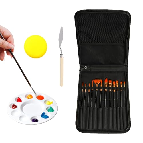 12 Stück Pinsel Kinder, Nylon Pinselset Acrylfarben mit Mischpalette Tragetasche Spachtel Schwamm, Aquarell Pinsel Set für Malliebhaber, Anfänger, Schwarz (N) von CALLYSONIC