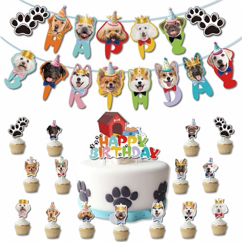 17 Stück Cupcake Topper und Happy Birthday girlande, Hundekuchen Geburtstag, Muffin Topper für Pet Theme Geburtstagsfeier, Kindergeburtstagsfeier, Layout der Hintergrundwandszene (Rot 1) von CALLYSONIC