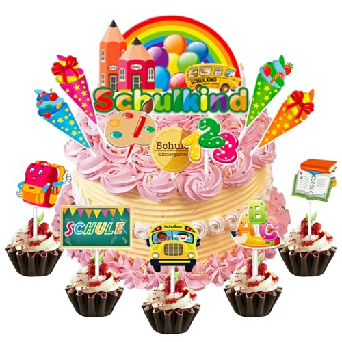 23 Stück Tortendeko Einschulung, Schulkind Tortendeko ABC 123 Cupcake Topper, Regenbogen Kuchendeko Schulanfang, Schulkind Cake Topper, für Mädchen Junge 1. Schultag Schulanfang Party Deko (N) von CALLYSONIC