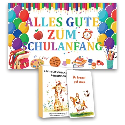 32 Stück Affirmationskarten Kinder und Schulanfang Schulkind Willkommen Banner 110*180cm, Einschulung Junge Deko 2025 und Mutmachkarten für Kinder, Schuleinführung, Motivationskarten, Mädchen 32 Stück Affirmationskarten Kinder und Schulanfang Schulkind Willkommen Banner 110*180cm, Einschulung Junge Deko 2025 und Mutmachkarten für Kinder, Schuleinführung, Motivationskarten, Mädchen von CALLYSONIC