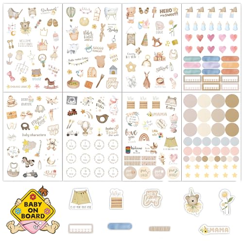 8 Stück Baby Sticker Set über 100 Motiv, Scrapbook Sticker Fotoalbum, DIY Aufkleber Fotoalbum Baby zum Gestalten, Meilenstein Scrapbook Aufkleber für Jungen und Mädchen von CALLYSONIC