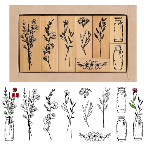 8 Stück Stempel Personalisiert, Vintage Holzstempel Blumen Stempel, Pflanzen Blumen Gräser Holzstempel mit Naturpflanzen Mustern, für Basteln Geschenkanhänger, DIY Fotoalben, Crafts (8) von CALLYSONIC