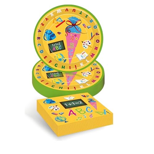 CALLYSONIC 40 Teile Pappteller Einschulung, Tafel Rucksack Motiv Schulkind Servietten, Schulanfang Papier Teller Servietten, Schulanfang Deko Zubehör für Party Geschirr Dekorationen (V) von CALLYSONIC