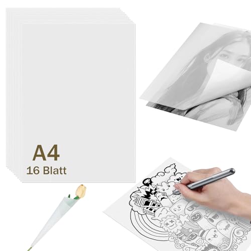 16 Blätter Transparentpapier Bedruckbar Weiß, 112g Pauspapier A4, Pergamentpapier zum Bedrucken, Transparent Pauschpapier für Skizzieren, DIY-Karten, Verpacken, Zeichnen, Laternen von CALLYSONIC