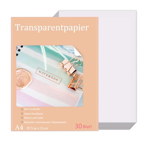 CALLYSONIC Transparentpapier a4, 30 Blatt 63g/m² Transparentpapier Weiß, Transparent Papier, Pauspapier a4, Transparentpapier Quadratisch für Skizzieren, DIY-Karten, Verpacken, Zeichnen von CALLYSONIC