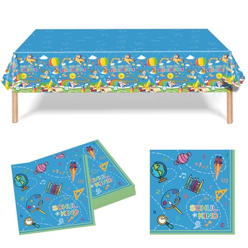 Einschulung Junge Deko, Einschulung Deko, 1 Tischdecke und 24 Servietten, Schulanfang Tischdeko, Tischläufer Tischband für Schuleinführung, Wiedereröffnung Deko-Set für Feierlichkeiten (25) von CALLYSONIC