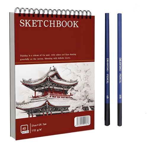 Skizzenbuch A4, Zeichenblock A4 mit 2 Bleistifte, Malblock Din A4, Robustes Hardcover Sketchbook, Zeichenbuch, Zeichenpapier, Ideal für Skizzen, Zeichnungen und Notizen, 40 Blatt, 110 g/m² von CALLYSONIC