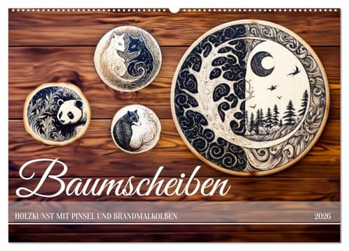 Baumscheiben - Holzkunst mit Pinsel und Brandmalkolben (Wandkalender 2026 DIN A2 quer), CALVENDO Monatskalender: Basteln auf Holzscheiben mit Brandmalkolben und Pinsel (CALVENDO Kunst) von CALVENDO