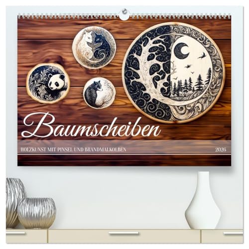 Baumscheiben - Holzkunst mit Pinsel und Brandmalkolben (hochwertiger Premium Wandkalender 2026 DIN A2 quer), Kunstdruck in Hochglanz: Basteln auf ... Brandmalkolben und Pinsel (CALVENDO Kunst) von CALVENDO