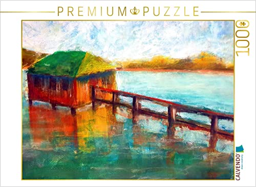 CALVENDO Puzzle Bootshütte am Kochelsee (Gouache und Pastellkreide) 1000 Teile Puzzle quer | 1000 Teile Lege-Größe 64 x 48 cm Foto-Puzzle für glückliche Stunden von CALVENDO