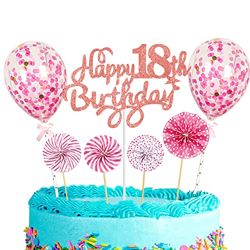 CAM2 Happy Birthday Tortendeko Geburtstag Mädchen, Tortendeko 1-30TH Kuchen Topper Happy 1-30th Birthday Rosa Gold, Glitzer Kuchen Dekoration Glitter Kuchen dekorieren und Luftballons (18 Jahre) von CAM2