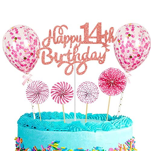 CAM2 Happy Birthday Tortendeko Geburtstag Mädchen, Tortendeko 14. Kuchen Topper Happy 14th Birthday Rosa Gold, Glitzer Kuchen Dekoration Glitter Kuchen dekorieren und Luftballons von CAM2