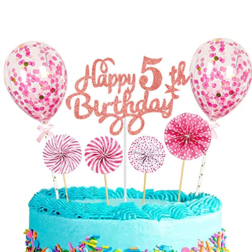 CAM2 Happy Birthday Tortendeko Geburtstag Mädchen, Tortendeko 5. Kuchen Topper Happy 5th Birthday Rosa Gold, Glitzer Kuchen Dekoration Glitter Kuchen dekorieren und Luftballons von CAM2