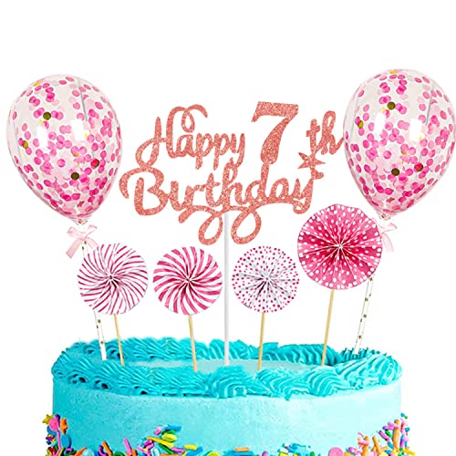 CAM2 Happy Birthday Tortendeko Geburtstag Mädchen, Tortendeko 7. Kuchen Topper Happy 7th Birthday Rosa Gold, Glitzer Kuchen Dekoration Glitter Kuchen dekorieren und Luftballons von CAM2