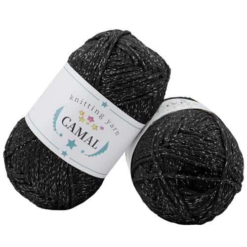 CAMAL 2 Stück Baumwolle zum Häkeln, 200g Glitzern Häkelwolle Baumwolle für Taschen Weich Funkelnd Tshirt Garn für Häkel & Strickgarn, Metallic Häkelgarn für DIY Handtasche (Schwarz Silber) von CAMAL