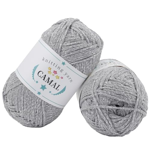 CAMAL 2 Stück Baumwolle zum Häkeln, 200g Glitzern Häkelwolle Baumwolle für Taschen Weich Funkelnd Tshirt Garn für Häkel & Strickgarn, Metallic Häkelgarn für DIY Handtasche (Silber Grau) von CAMAL