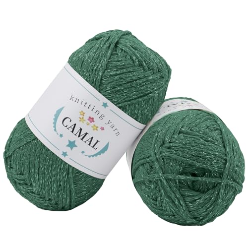 CAMAL 2 Stück Baumwolle zum Häkeln, 200g Glitzern Häkelwolle Baumwolle für Taschen Weich Funkelnd Tshirt Garn für Häkel & Strickgarn, Metallic Häkelgarn für DIY Handtasche (Silber Grün) von CAMAL