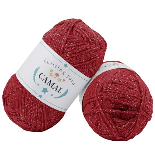 CAMAL 2 Stück Baumwolle zum Häkeln, 200g Glitzern Häkelwolle Baumwolle für Taschen Weich Funkelnd Tshirt Garn für Häkel & Strickgarn, Metallic Häkelgarn für DIY Handtasche (Silber Rot) von CAMAL
