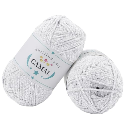 CAMAL 2 Stück Baumwolle zum Häkeln, 200g Glitzern Häkelwolle Baumwolle für Taschen Weich Funkelnd Tshirt Garn für Häkel & Strickgarn, Metallic Häkelgarn für DIY Handtasche (Weiß Silber) von CAMAL