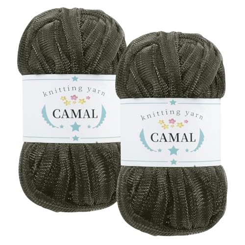 CAMAL 2 Stück Textilgarn 100g/60m Funkeln T-Shirt Garn zum Häkeln Taschen, Weiches T Shirt Garn Polyester Stoff Textilgarn zum Häkeln für Körbe, Teppiche, Wohnkultur (Armeegrün) von CAMAL
