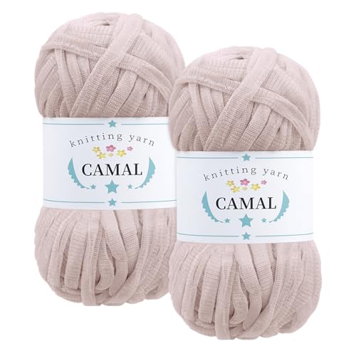 CAMAL 2 Stück Textilgarn 100g/60m Funkeln T-Shirt Garn zum Häkeln Taschen, Weiches T Shirt Garn Polyester Stoff Textilgarn zum Häkeln für Körbe, Teppiche, Wohnkultur (Beige) von CAMAL