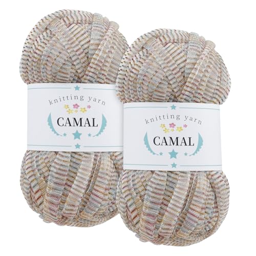 CAMAL 2 Stück Textilgarn 100g/60m Funkeln T-Shirt Garn zum Häkeln Taschen, Weiches T Shirt Garn Polyester Stoff Textilgarn zum Häkeln für Körbe, Teppiche, Wohnkultur (Bunt) von CAMAL