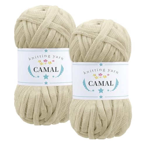 CAMAL 2 Stück Textilgarn 100g/60m Funkeln T-Shirt Garn zum Häkeln Taschen, Weiches T Shirt Garn Polyester Stoff Textilgarn zum Häkeln für Körbe, Teppiche, Wohnkultur (Elfenbeinweiß) von CAMAL