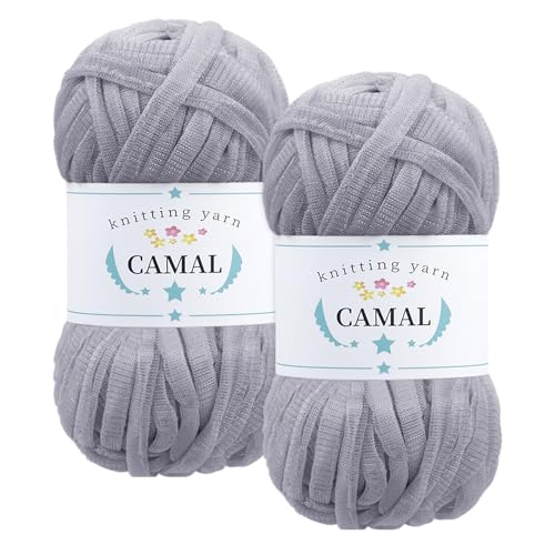 CAMAL 2 Stück Textilgarn 100g/60m Funkeln T-Shirt Garn zum Häkeln Taschen, Weiches T Shirt Garn Polyester Stoff Textilgarn zum Häkeln für Körbe, Teppiche, Wohnkultur (Grau) von CAMAL