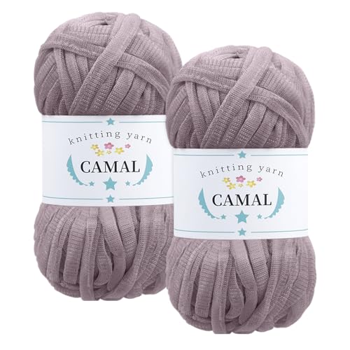 CAMAL 2 Stück Textilgarn 100g/60m Funkeln T-Shirt Garn zum Häkeln Taschen, Weiches T Shirt Garn Polyester Stoff Textilgarn zum Häkeln für Körbe, Teppiche, Wohnkultur (Graubraun) von CAMAL