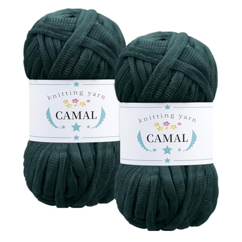 CAMAL 2 Stück Textilgarn 100g/60m Funkeln T-Shirt Garn zum Häkeln Taschen, Weiches T Shirt Garn Polyester Stoff Textilgarn zum Häkeln für Körbe, Teppiche, Wohnkultur (Grün) von CAMAL