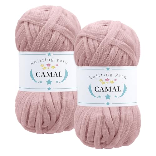 CAMAL 2 Stück Textilgarn 100g/60m Funkeln T-Shirt Garn zum Häkeln Taschen, Weiches T Shirt Garn Polyester Stoff Textilgarn zum Häkeln für Körbe, Teppiche, Wohnkultur (Hautrosa) von CAMAL