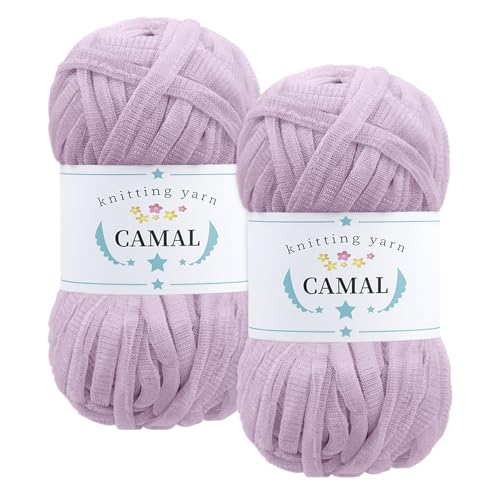 CAMAL 2 Stück Textilgarn 100g/60m Funkeln T-Shirt Garn zum Häkeln Taschen, Weiches T Shirt Garn Polyester Stoff Textilgarn zum Häkeln für Körbe, Teppiche, Wohnkultur (Hellrosa) von CAMAL