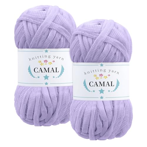 CAMAL 2 Stück Textilgarn 100g/60m Funkeln T-Shirt Garn zum Häkeln Taschen, Weiches T Shirt Garn Polyester Stoff Textilgarn zum Häkeln für Körbe, Teppiche, Wohnkultur (Hellviolett) von CAMAL